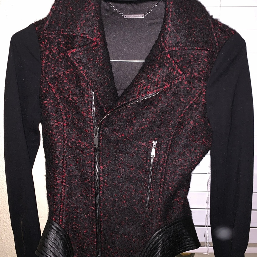 Elie Tahari Tweed & Lamb Leather Moto Jacket